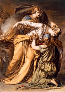 Eriphile, kostým pro „Iphigenia in Aulis“ od Jeana Racina, ze svazku II „Výzkum kostýmů a divadla všech národů“, vyryl Pierre Michel Alix (1762-1817) 1802 (barevná rytina)