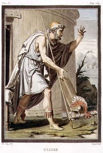 Ulysses, kostým pro „Iphigenia in Aulis“ od Jeana Racina, ze svazku II „Výzkum kostýmů a divadla všech národů“, vyryl Antoine Francois Sergent (1751-1847) 1802 (barevná rytina)