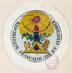 Francouzská revoluce: pečeť zdobí symboly republiky a svobodného průmyslu. Rytina Philippe Auguste Hennequin (1762-1833) 1792 Paříž. Muzeum karnevalu