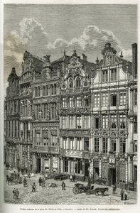 Staré domy na náměstí radnice v Bruselu. Rytina Ph. Benoista k ilustraci příběhu Belgie od Camille Lemonnier, publikovaná v tour du monde, pod vedením Edouarda Chartona (1807-1890), Paříž od Philippe Benoist