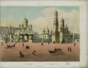 Katedrální náměstí v moskevském Kremlu z panoramatického pohledu na Moskvu v 10 částech, cca 1848 od Philippe Benoist