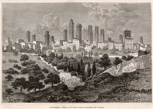 Pohled na San Gimignano (Toskánsko, Itálie). Rytina podle kresby Ph. Benoista pro ilustraci plavby do Toskánska a Umbrie od Francise Weye v roce 1875, publikovaná v „“Le tour du monde““ 1876, editoval Edouard Charton, vydání Hachette, Paříž. Selva