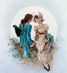 Galantní scéna měsíčního svitu. Litografie od Philippa Jacquese Lindera (1835-?) Soukromá sbírka z 19. století