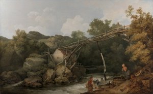 Pohled poblíž Matlock, Derbyshire s postavami pracujícími pod dřevěným dopravníkem