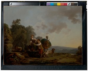 Reisende mit Hunden und schwer beladenen Maultieren an einem Brunnen von Philippe-Jacques de Loutherbourg