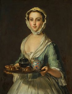 Mladá žena držící podnos s čajem, možná Hannah, umělcova služka.