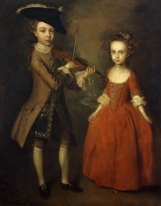 Archbold Children: Skupinový portrét malého chlapce, po celé délce na sobě béžový kabát, tmavě modrou zlatou vyšívanou vestičku a trojrohý klobouk a hrající na housle a jeho sestru, po celé délce, v červených šatech s květinami Vlasy, příprava od Philippe Mercier