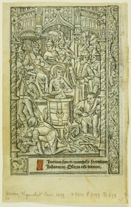 Umučení svatého Jana Evangelisty (recto) a prosincový kalendář (verso), z Knihy hodin od Philippe Pigouchet