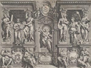 Alegorický tisk tezí s různými postavami, zasazený do architektonické struktury, 1608.
