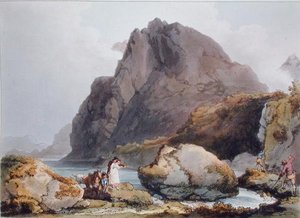 Llyn Ogween, z „Romantické malebné scenérie Anglie a Walesu“, vydáno 1805 (barevná rytina)