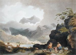 Snowdon, z „Romantické a malebné scenérie Anglie a Walesu“, vydáno 1805 (barevná rytina)