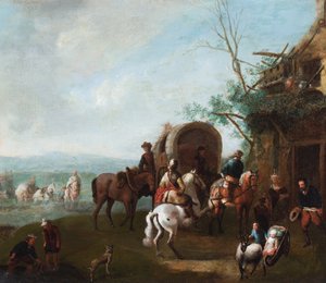 Cestující před hostincem s mužem na vzpínajícím se bílém koni (olej na kovu) od Philips (manner of) Wouwermans or Wouvermans