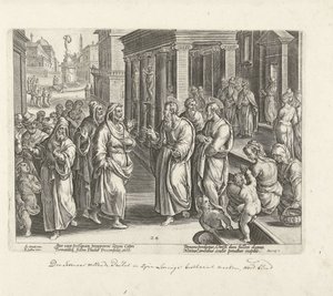 Paul se hádá s čarodějem Elymasem Skutky apoštolů (název série) Acta Apostolorum (název série) od Philips Galle (possibly)