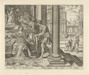 Ester se od svých služebných dozvídá, že Mordecai nosí smuteční šaty Historie Esther (název série) od Philips Galle