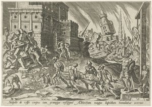 Tělo krále Aje je přineseno k městské bráně The Days of Doom of the Jewish People (název série) od Philips Galle