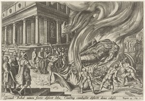 Jehu ničí chrám a Baalův obraz The Days of Doom of the Jewish People (název série) od Philips Galle
