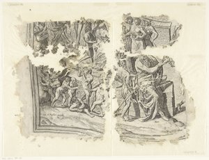 Levý dolní roh otisku scény od Cebes Tabula Cebetis Carta Vitae (původní název) od Philips Galle