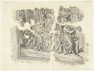 Levý dolní roh otisku scény od Cebes Tabula Cebetis Carta Vitae (původní název) od Philips Galle