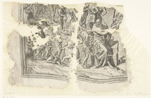 Levý dolní roh otisku scény od Cebes Tabula Cebetis Carta Vitae (původní název) od Philips Galle