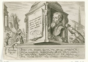 Portrét Maartena van Heemskercka na podstavci sloupu The Days of Doom of the Jewish People (název série) od Philips Galle