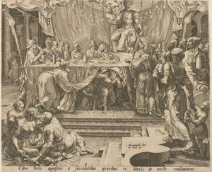Kněží boha Bela jedí a pijí v chrámu [strana 4] a Daniel krmí draka [strana 7], strany 4 a 7 série „Příběh Daniela, Bela a draka“ od Philips Galle