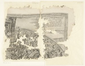 Pravý horní roh otisku scény od Cebes Tabula Cebetis Carta Vitae (název na objektu) od Philips Galle