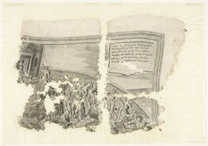 Pravý horní roh otisku scény od Cebes Tabula Cebetis Carta Vitae (název na objektu) od Philips Galle