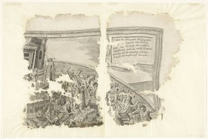 Pravý horní roh otisku scény od Cebes Tabula Cebetis Carta Vitae (název na objektu) od Philips Galle
