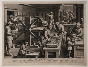 Vynález mědirytu, asi 1591 (rytina) od Philips Galle