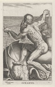 Zeegod Oceanus Oceanvs (název na objektu) Rivier-en zeegoden (název série) Elegantní portréty mořských polobohů a tuleňů Amnicus (název série) od Philips Galle