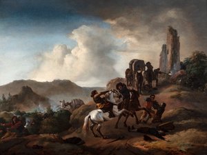 Bandité přepadení cestovatelé na cestě v italské krajině, kolem 1640-50 (olej na panelu)
