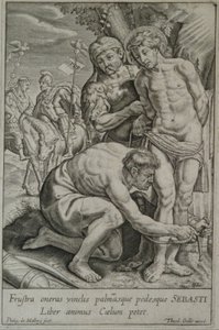 Svatý Šebestián je dvěma vojáky přivázán ke stromu. od Philips van Mallery