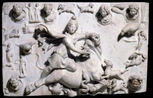 Orientální starožitnosti: Mithra zabíjející býka (pochází z Mithraea ze Sidonu). Nízký reliéfní mramor ze Saydy, 2.-3. století (řecko-římské období, Fénické království). Paříž, muzeum Louvre