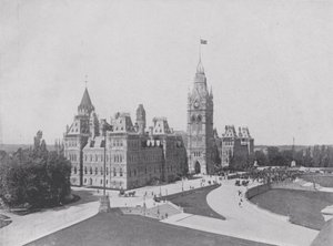 Centrální blok, budovy parlamentu, Ottawa (černobílá fotografie)