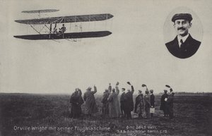 Americký letec Orville Wright a jeho létající stroj (č/b foto) od Photographer German