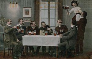 Pohlednice Němců popíjejících pivo a bavících se s číšnicí, odeslána v roce 1913 (ručně kolorovaná fotografie) od Photographer German