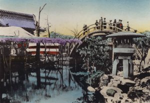 Japonsko, kolem roku 1912: Pozemek v chrámu Kameido známý květem vistárie v květnu a Drum Bridge v zemi (foto) od Photographer Japanese
