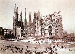 Pohled na Sagrada Familia, Barcelona, kolem roku 1900 (černobílá fotografie) od Photographer Spanish