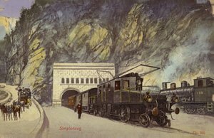 Vlak u vjezdu do tunelu Simplon (kolorovaná fotografie)