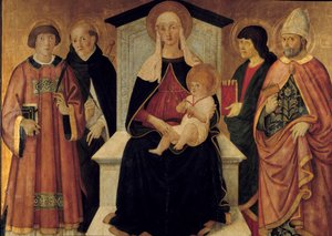 Panna a dítě Panna je obklopena svatým Laurentem jáhnem, svatým Petrem, svatým Janem, svatým Blaise de Sebaste. Oltářní obraz od Piera Francesca Fiorentina (činný kolem 1475-1500) 1490. Sun. 132x143m. Avignon, Musee du Petro Palais