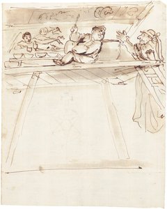 Karikatura Pier Francesco Mola přerušující Giovanni Battista Passeri maluje stropní výzdobu ležící Venuše od Pier Francesco Mola