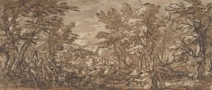 Lesní scéna, zastavení vlevo, hon uprostřed, 1612-66. od Pier Francesco Mola
