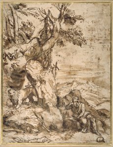 Svatý Jeroným čte v divočině, po Tizianovi (asi 1488-1576) (rákosové pero a hnědý inkoust s hnědým omytím na krémovém papíře)