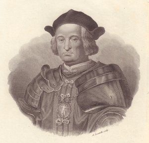 Portrét italského vojevůdce a politika Gian Giacomo Trivulzio (1440-1518), mědirytina od Locatelliho od Blaise Nicolas Le Sueur