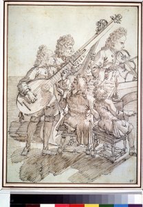 "Koncert"" Karikatura představující koncert pěti hudebníků (kvintet) na loutnu, housle, klavír, violoncello. Kresba perem a tuší Pier Leone Ghezzi (1674-1755) Puškinovo muzeum z 18. století, Moskva