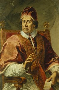 Portrét papeže Klementa XI., sedícího napůl dlouhého, v papežském rouchu, držící dopis, od Pier Leone Ghezzi