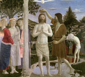 Křest Krista, detail Krista, Jana Křtitele a andělů, 1450 vaječných temper na panelu
