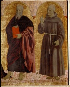 Polyptik z Misericorde: Panna z Misericorde, obklopená svatými. Detail zobrazující svatého André a svatého Bernardina ze Sieny (Bernardino da Siena nebo Bernardino degli Albizzeschi od Piero della Francesca
