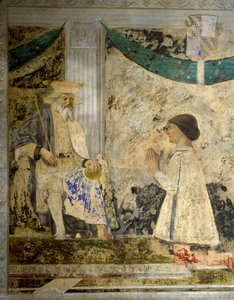 Portrét Sigismonda (Sigismonda) Pandolfa Malatesty (1417-1468) v modlitbě před San Sigismondo (Sigismondo). Freska od Pietra di Benedetta dei Franceschi dit Piero della Francesca (1422-1492) od Piero della Francesca