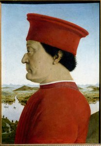Portréty Federica de Montefeltro, vévody z Urbina a Battisty Sforzy. Detail představující Federica da Montefeltro od Piero della Francesca